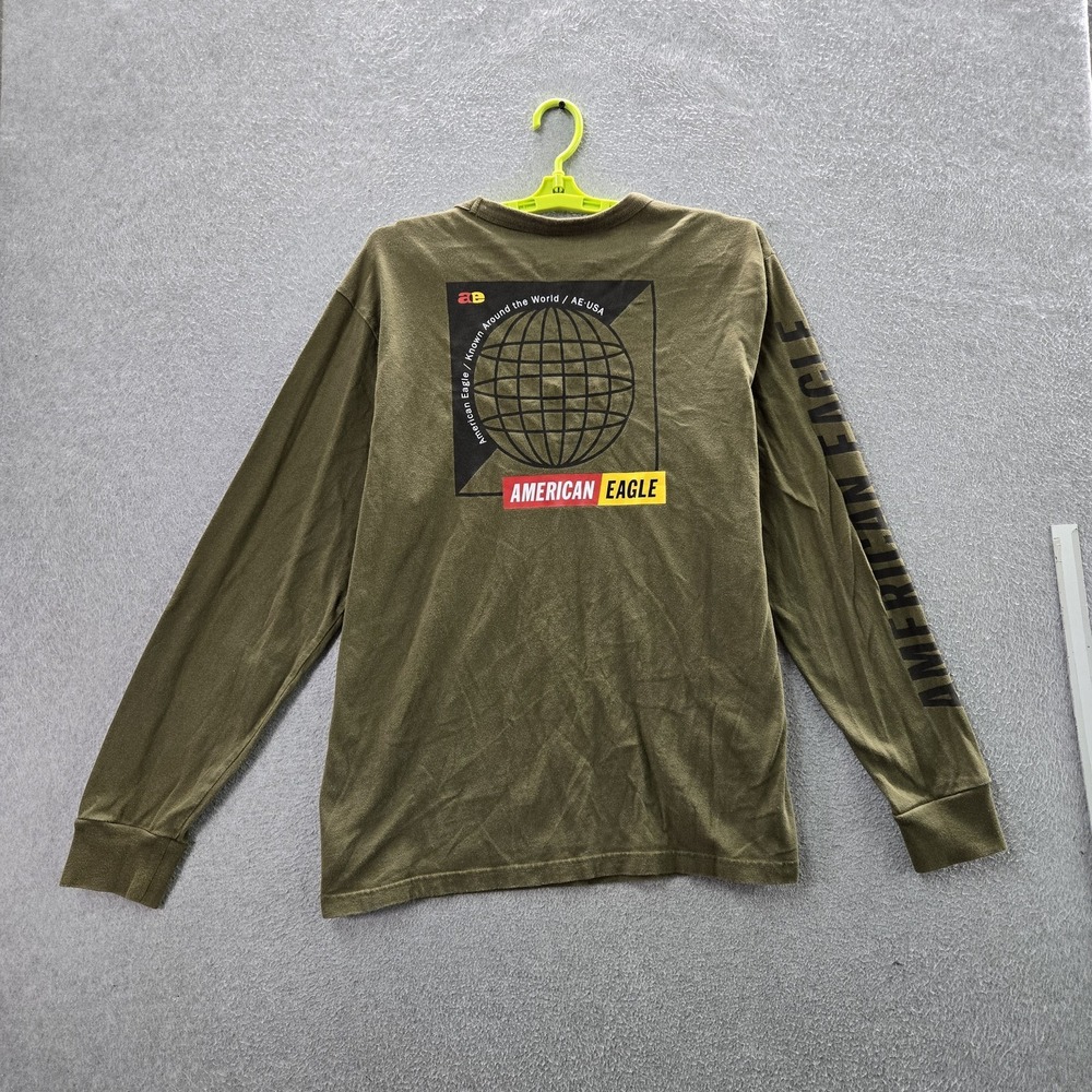 American Eagle Outfitters Men Shirt L/G/G Olive Green Globe Graphic Tee Logo